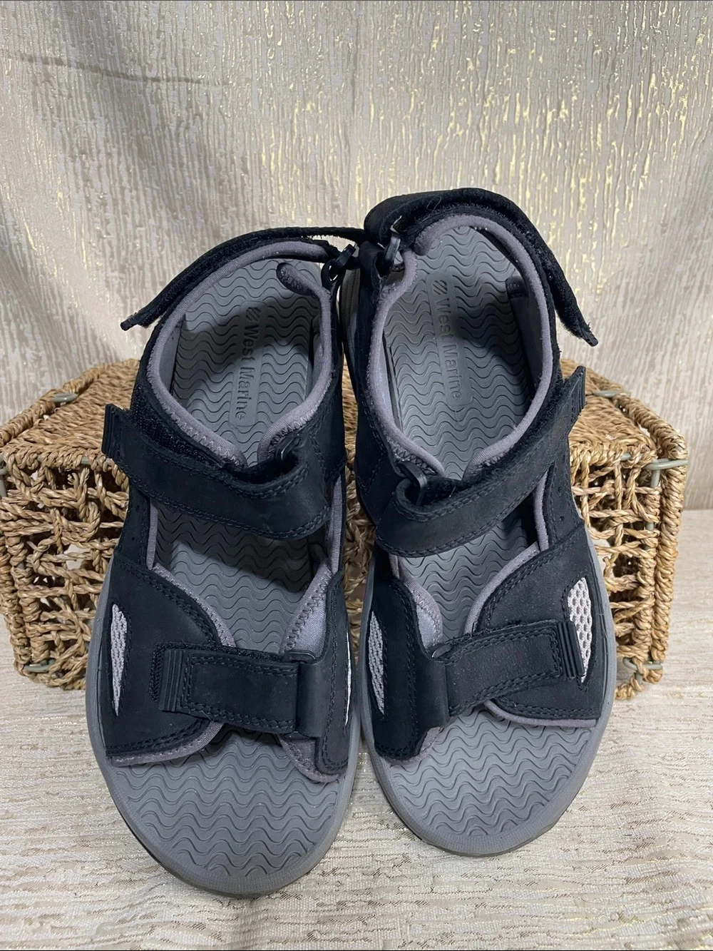 West Marine Men’s Black and Gray Velcro Leather SandalsSz 10